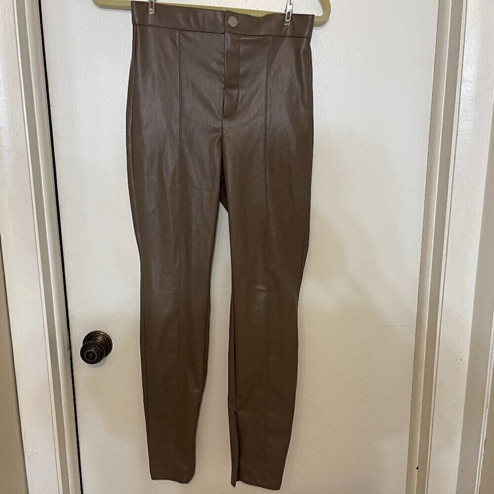 Zara Brown Vegan Leather Skinny Pants Ankle Zip Size S 28
